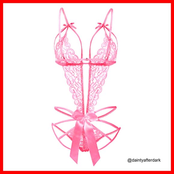 Deep V Lace Teddy with Strappy Detail and Hook Back Closure - Picture 3 of 6